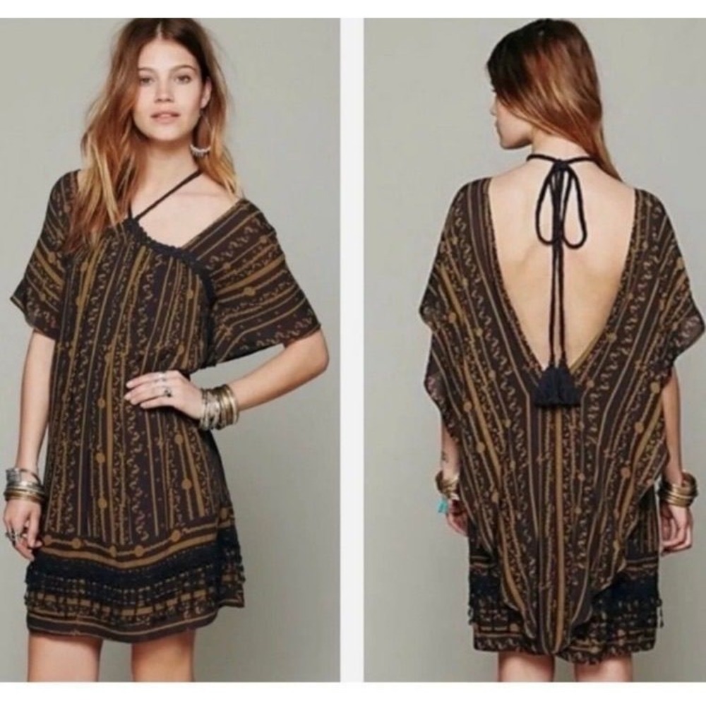 Free People Boho Mini Dress Purple Gold Tassel Crochet Fairy Festival XS PTP:19